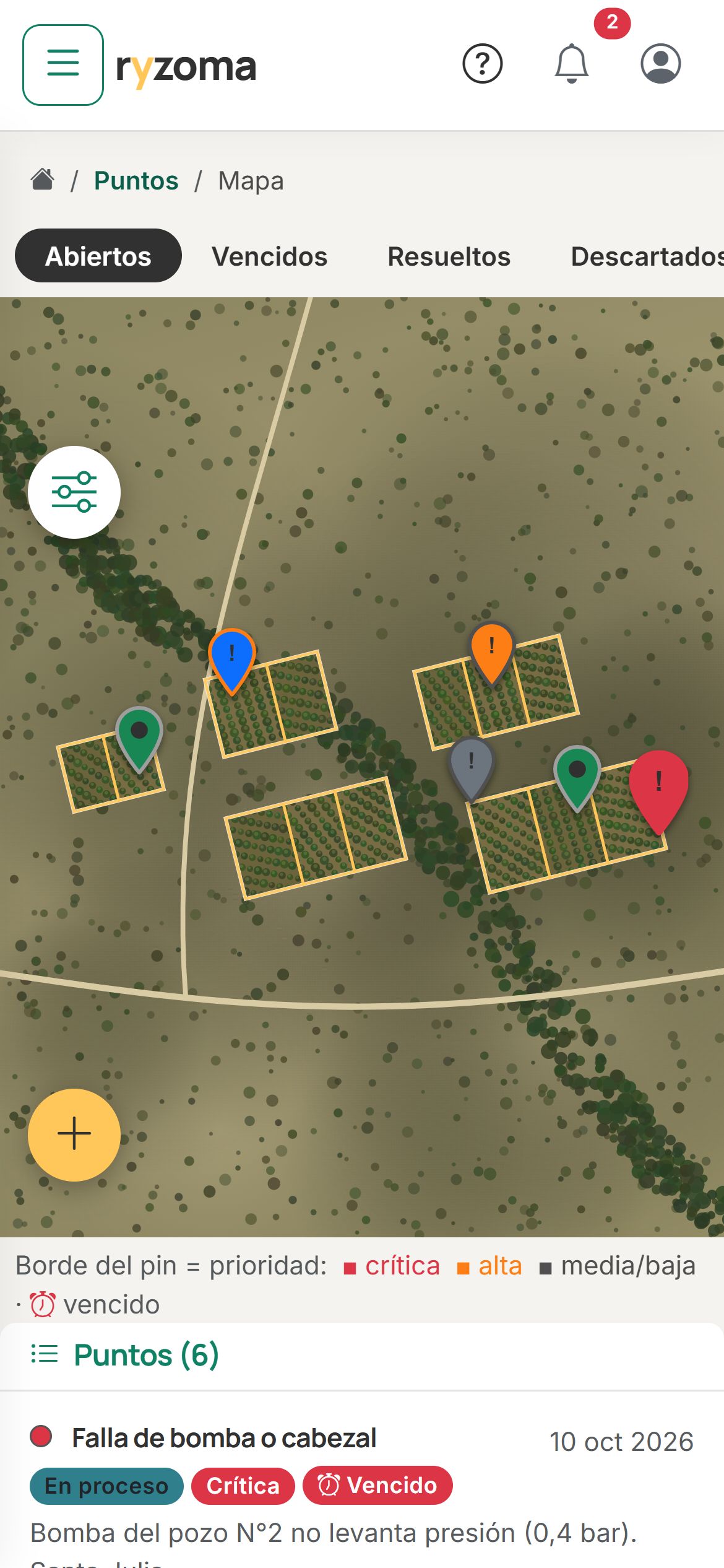 Ryzoma Agro en el teléfono: mapa del campo con los contornos de los sectores, las incidencias abiertas marcadas con su prioridad y la lista para gestionarlas.