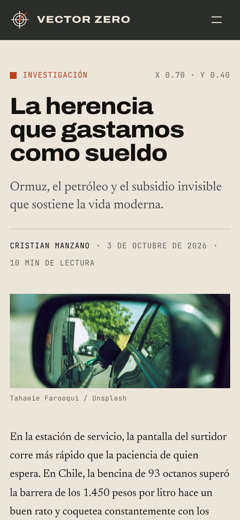 Un artículo de Vector Zero en el teléfono, con título, bajada, autor y foto de portada.