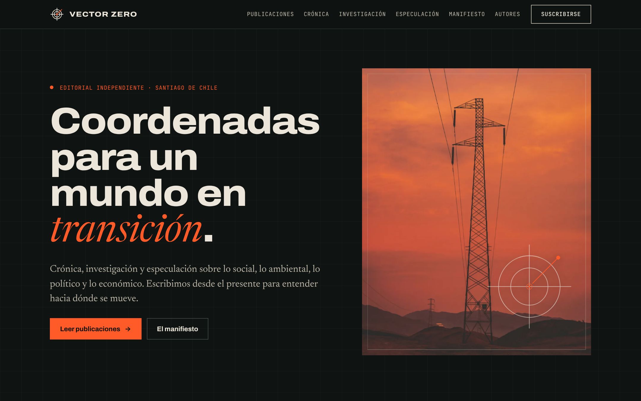 Portada de Vector Zero: título grande «Coordenadas para un mundo en transición» junto a una foto de una torre eléctrica al atardecer.
