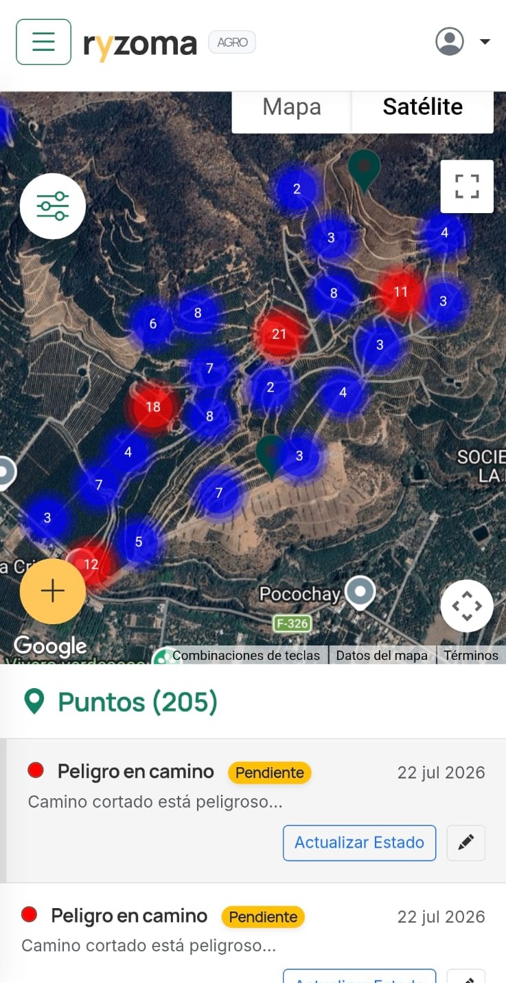 Interfaz móvil con mapa y puntos georreferenciados